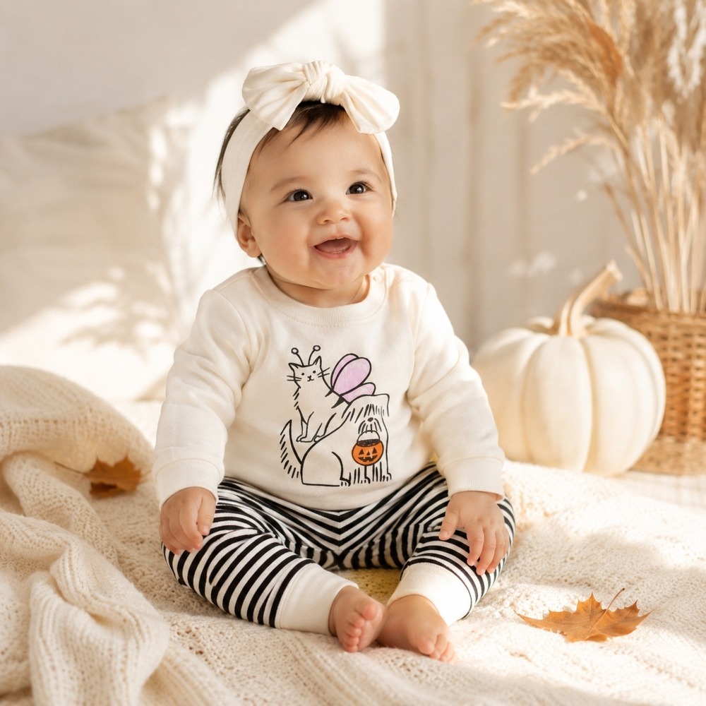 Cat & Jack Baby Halloween Sweatshirt and Striped Joggers Set Cream Black 6M